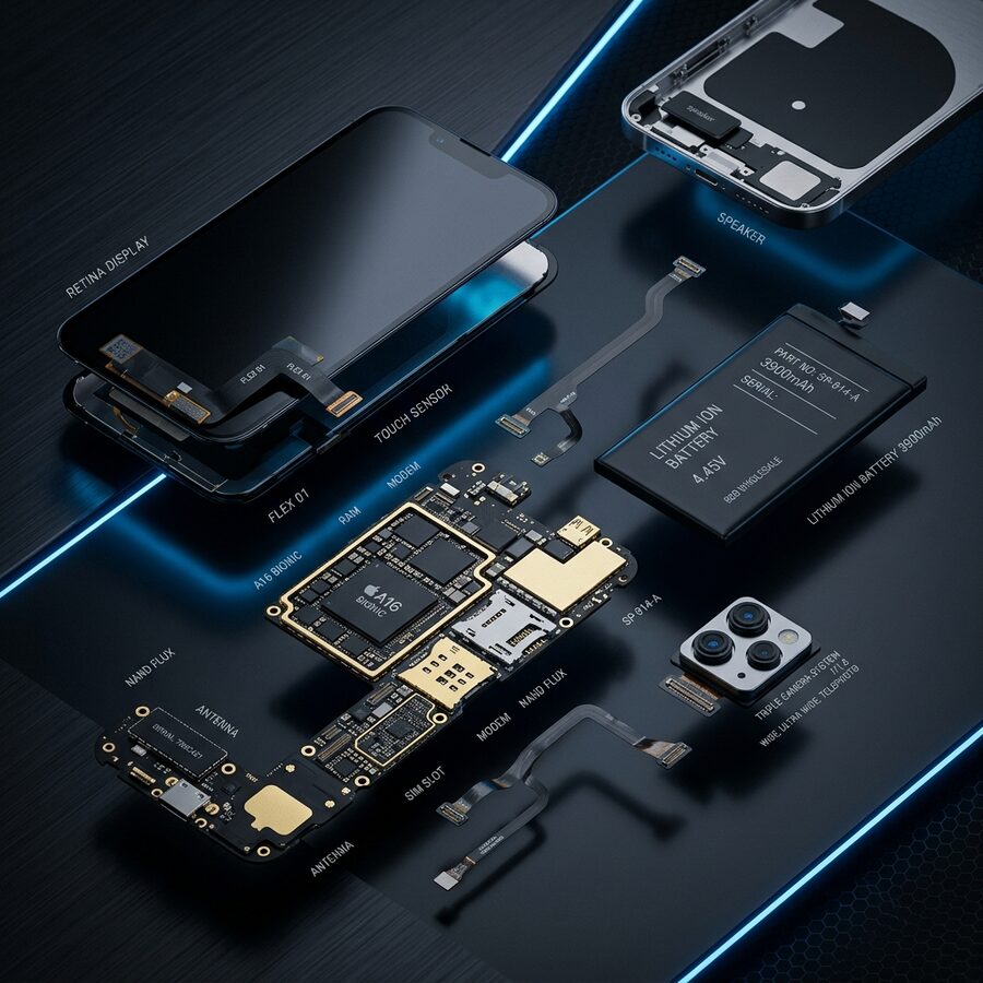 Экран, батарея, плата и камера iPhone перед ремонтом